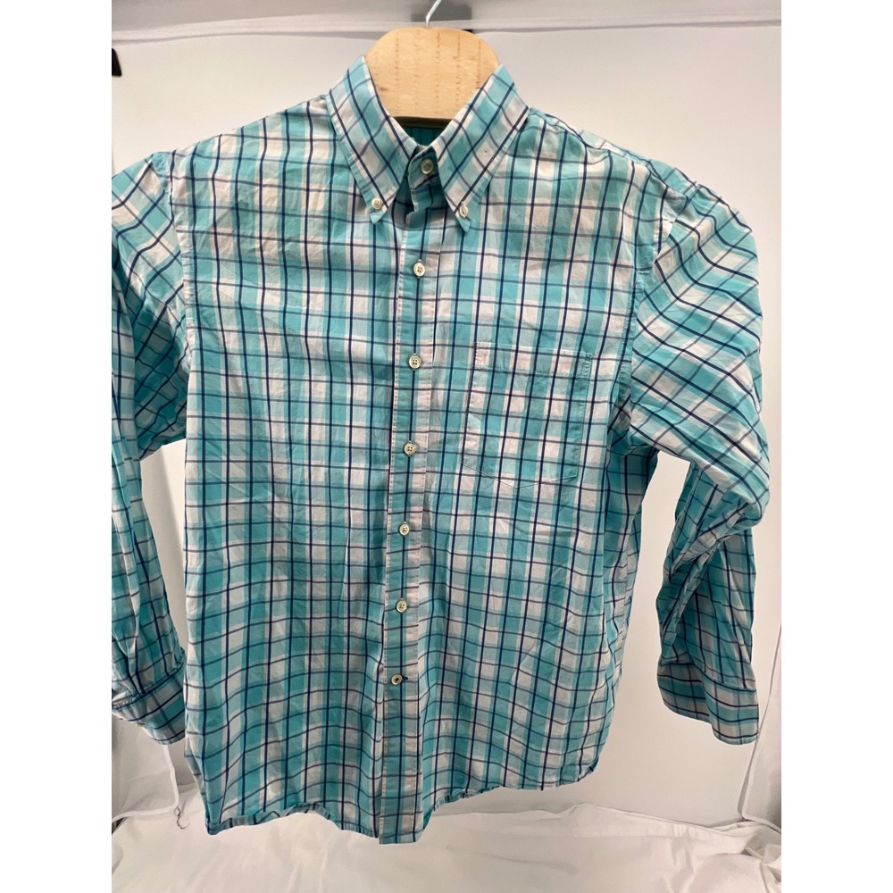 IZOD Mens Medium Blue White Plaid Button Down Shirt Light Weight‎ Poplin
